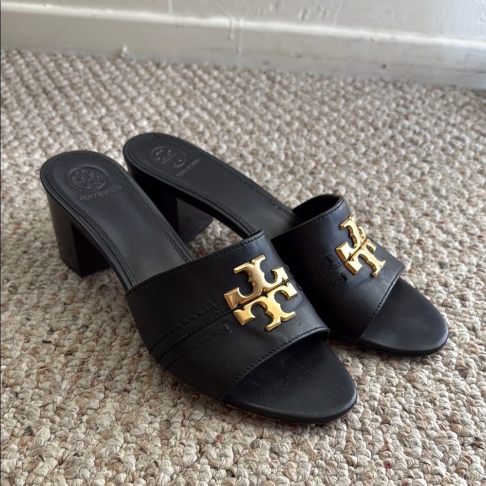 Tory Burch Black Mules with Gold Accent